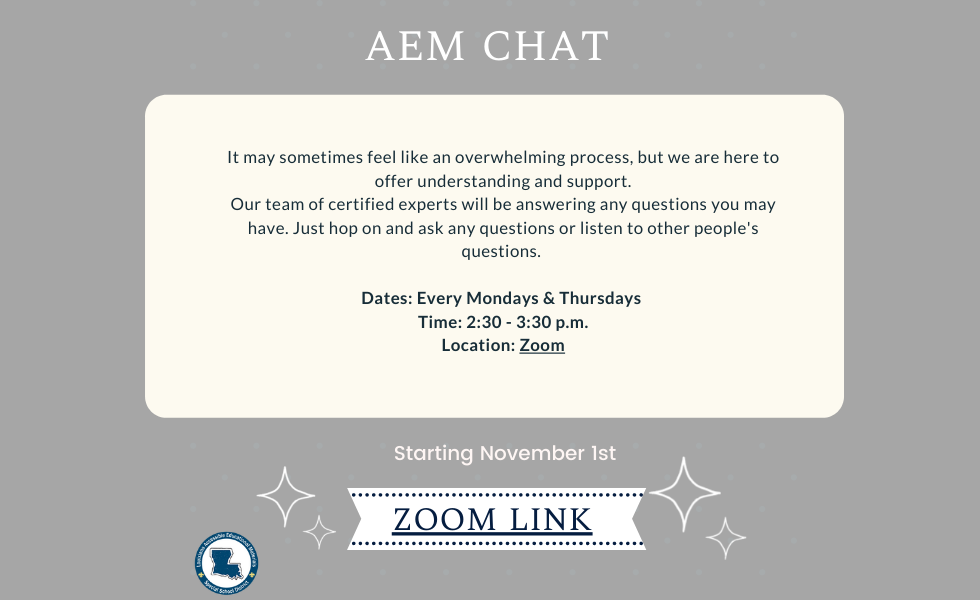 AEM Chat announcement every Monday and Thursdays at 2:30 - 3:30