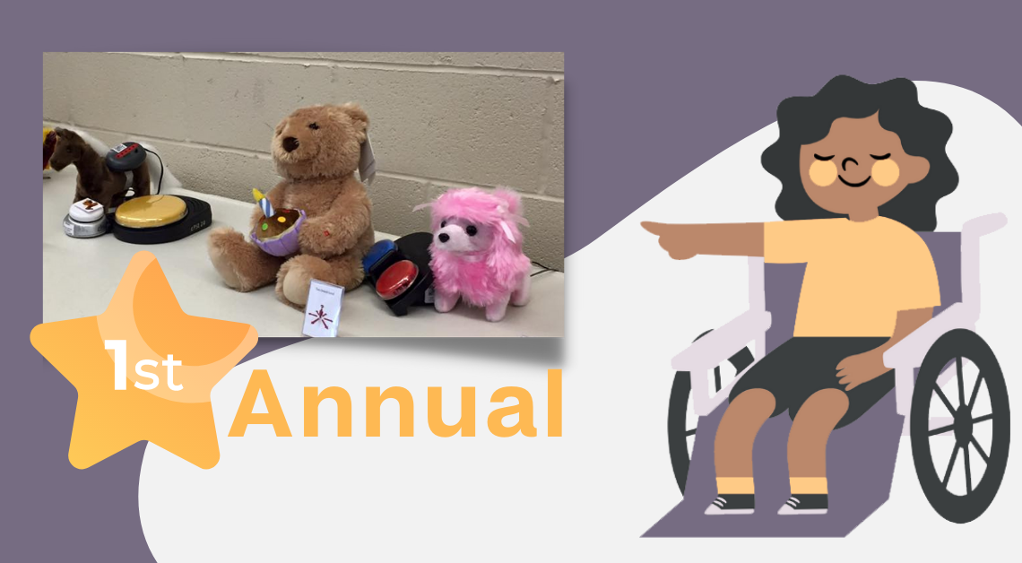 clip art of a girl in a wheelchair pointing to 3 switch toys. 1. A pink dog 2. A brown teddy bear 3. a dark brown horse