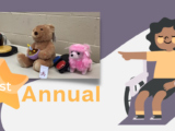 clip art of a girl in a wheelchair pointing to 3 switch toys. 1. A pink dog 2. A brown teddy bear 3. a dark brown horse