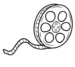 Black and white graphic of a movie reel