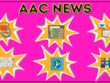 Text saying AAC News, outlined flashy visuals of AAC now, TD snap, proloquo app and display, speak for yourself display, ASHA logo, and grid 3 display