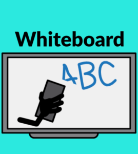 Aqua background, whiteboard written down, whiteboard with an stick figure of an arm in black lines wiping away blue letters of ABC